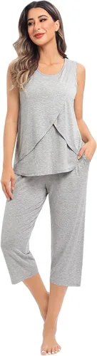 Miniatura 3 de SWOMOG Conjunto de pijama de maternidad para mujer, pijama de lactancia de doble capa, sin mangas, parte superior capri, conjunto de embarazo