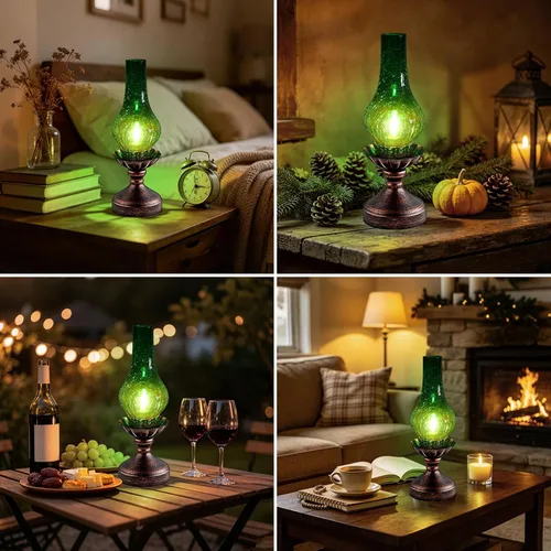 Miniatura 3 de Lámpara de mesa vintage con pantalla de cristal agrietado verde, control táctil y regulable de 3 vías, lámpara de noche rústica retro