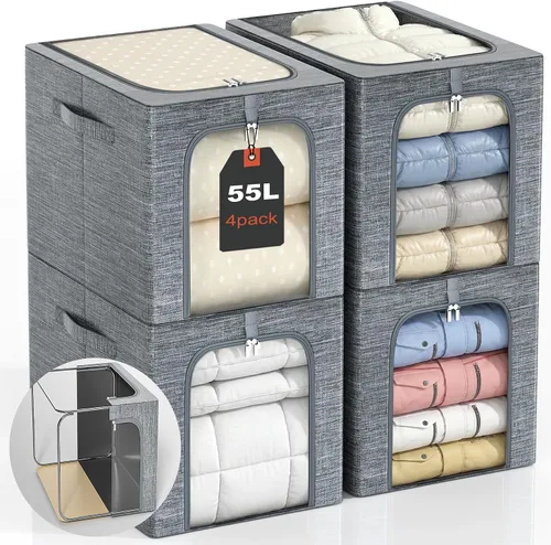 Miniatura 17 de GoMaihe Clothes Storage Bins with Metal Frame, 40L Sweater Storage Boxes for Above Shelf Closet, 4 Pack Stackable Clothing Storage Organizer with