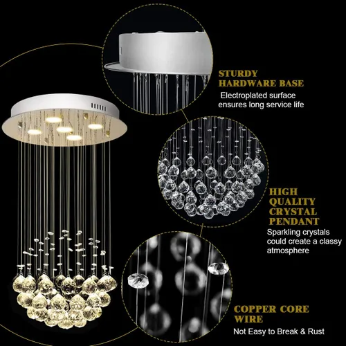 Miniatura 8 de Tangkula Moderno candelabro de cristal K9, lámpara de techo LED de montaje empotrado para sala de estar, comedor y dormitorio, 5 luces GU10