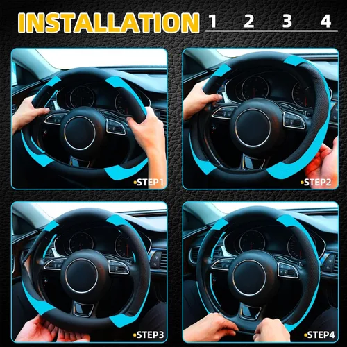 Miniatura 2 de Funda azul para volante de piel de microfibra, accesorios de automóvil deportivo para hombres y mujeres, transpirable, antideslizante, ajuste