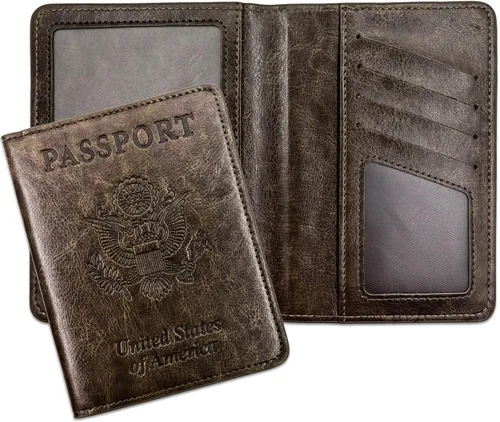 Miniatura 8 de Soporte para pasaporte para artículos esenciales de viaje, con bloqueo RFID, funda para tarjetas, funda de piel sintética para pasaporte