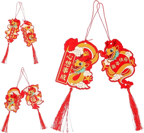 Miniatura 4 de VILLCASE 6 piezas de adornos de año nuevo chino 2024 año del dragón colgante tradicional de la suerte mascota zodiaco borla encanto para festival