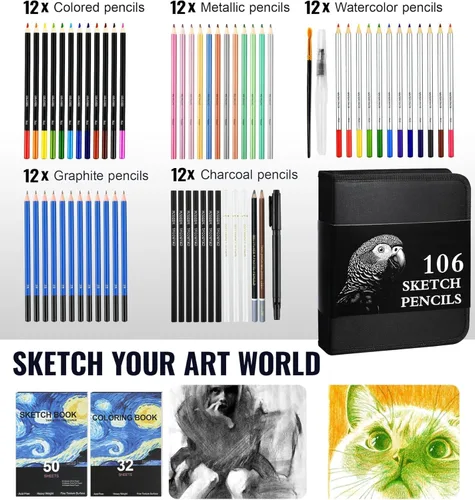 Miniatura 2 de Cool Bank - Kit de suministros de arte de 106 piezas con libro de bocetos de 3 colores, libro para colorear, lápices de dibujo con grafito