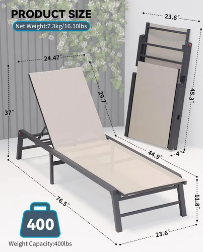 Miniatura 3 de Tumbona de aluminio para exteriores, silla plegable para patio, 2 juegos, sin montaje, sillas de piscina con 5 respaldos ajustables, sillas de salón