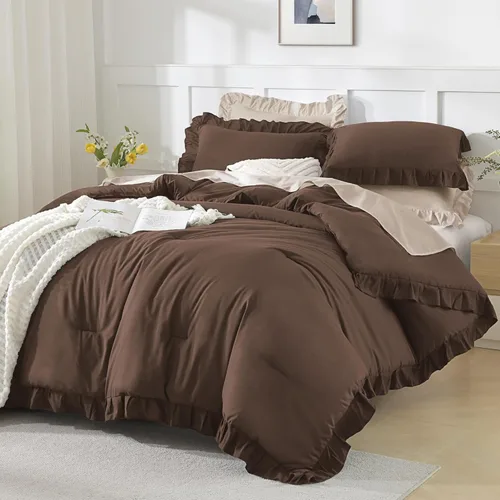 Miniatura 14 de Andency Juego de edredón beige tamaño King, 3 piezas estilo farmhouse shabby chic con volantes, ligero esponjoso suave de microfibra para todas
