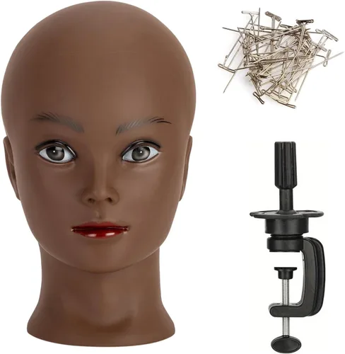 Miniatura 9 de Cabeza de maniquí calvo para mujer, maniquí profesional de entrenamiento de cosmetología, calvo para hacer pelucas y exhibir cabeza de maniquí Beige