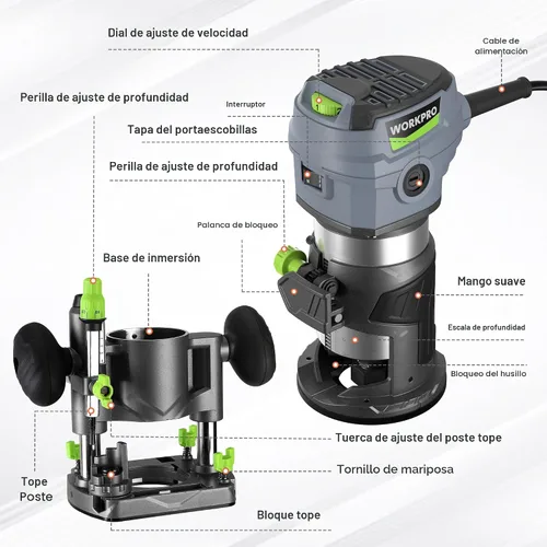 Miniatura 2 de WORKPRO Kit Combo de Router Compacto, Router Compacto de 6.5 Amperios con Base Fija y Router de Inmersión para Carpintería Ranurado y Cepillado, 6
