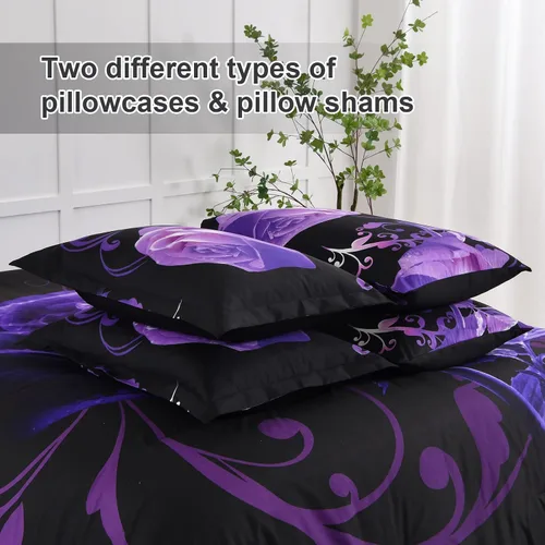 Miniatura 6 de Xruibed Juego de edredón floral tamaño King de 7 piezas en una bolsa, edredón de flores de rosas moradas con juego de sábanas de microfibra suave