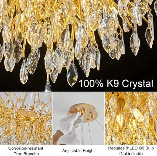 Miniatura 4 de Candelabro de cristal para comedor, lámpara moderna de 24 pulgadas para sala de estar, candelabros de rama de árbol dorado con 8 luces, lámpara