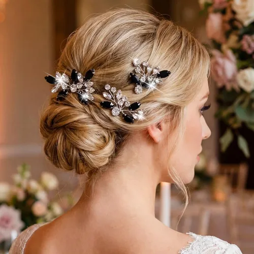 Miniatura 3 de Unicra Horquillas para el pelo de cristal negro plateado con diamantes de imitación, piezas de pelo de novia, accesorios para novias y mujeres