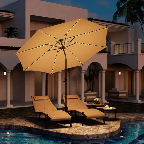 Miniatura 7 de Tangkula Sombrilla solar de 10 pies, patio con 112 luces LED, sombrilla de mercado para mesa al aire libre con mango de elevación de manivela