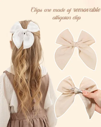 Miniatura 3 de 20 Lazos para el Cabello de Niñas Bebé Fable de 5.5 Pulgadas, Pinzas de Cocodrilo de Algodón y Lino, Accesorios Grandes Neutros Hechos a Mano