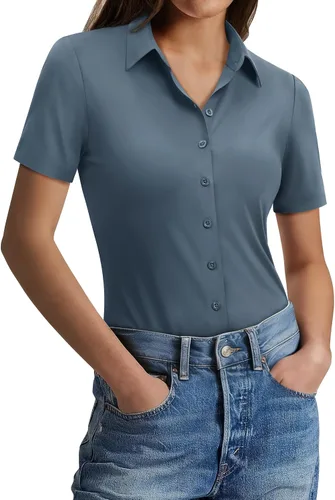 Miniatura 6 de Gleeivy Camisas con botones para mujer, ajustadas, de manga corta, elásticas, para el trabajo, sin arrugas, blusas de oficina