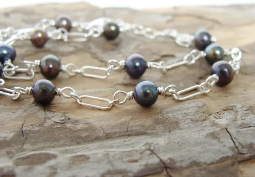 Miniatura 5 de Genuine Black Pearl Sterling Silver Anklet: handmade, dainty, adjustable length 9-10 inches