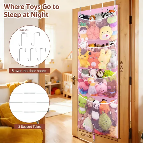 Miniatura 2 de Woodoulogy Almacenamiento Colgante de Animales de Peluche, Organizador Grande de Juguetes de Felpa Sobre la Puerta con Gancho de Metal, Idea de Rosa