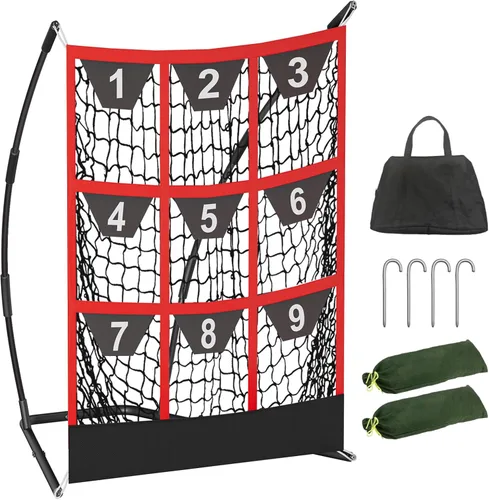 Queension Red de lanzamiento objetivo de 9 agujeros con zona de golpeo | Red de bateo de béisbol con bolsillos objetivo, red de lanzamiento con Negro