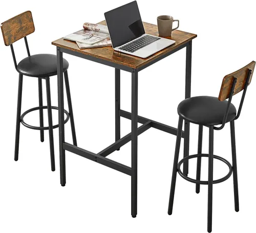 Juego de 3 mesas de bar y sillas industriales para 2 mesas de comedor cuadradas rústicas marrones con sillas de asiento de poliuretano para