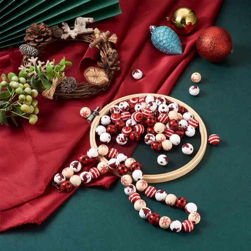Miniatura 3 de 100 cuentas de madera de Navidad, árbol de Navidad, ciervos, copos de nieve, cuentas de madera natural, cuentas de madera rústica de 0.591-0.650 in