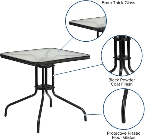 Miniatura 4 de Muebles Flash de 28 pulgadas tabla de cristal moderada cuadrada del metal con el borde de ratán negro