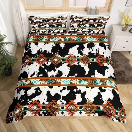 Miniatura 28 de Erosebridal Funda de edredón de piel de vaca marrón con estampado de vaca de las tierras altas, juego de ropa de cama occidental exótico azteca