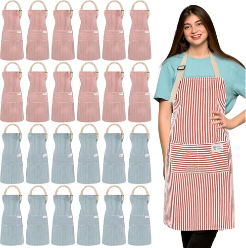 Miniatura 15 de Janmercy 24 delantales para mujeres y hombres con 2 bolsillos, delantal de cocina de lino, delantal ajustable para chef, delantales a granel unisex