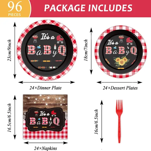 Miniatura 2 de Tevxj 96 piezas de platos de ducha de bebé para barbacoa, servilletas BabyQ Party Vajilla It's A Baby Q, platos de papel desechables, servilletas