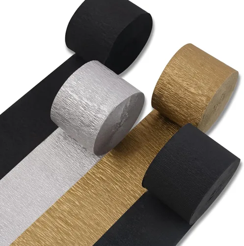 Miniatura 11 de Serpentinas de papel crepé PartyWoo, 4 rollos de 328 pies, paquete de papel crepé negro y dorado para fiesta, boda, cumpleaños, decoraciones