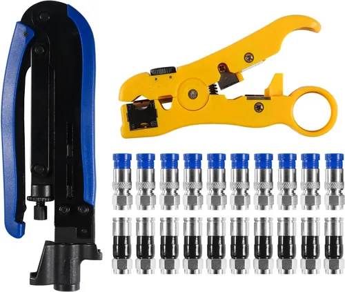 Herramienta de compresión coaxial Kit de crimpadora de cable coaxial ajustable RG6 RG59 RG11 75-5 75-7 Pelacables coaxiales con 20 conectores de