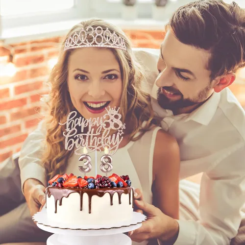 Miniatura 2 de Decoraciones de cumpleaños de 38 años para mujeres, incluyendo banda de cumpleaños, tiara/corona, velas numéricas y decoración de pastel, regalos