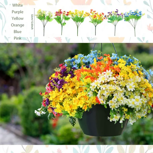 Miniatura 4 de Zeyune Juego de 48 plantas y flores colgantes falsas, ramo de flores de orquídeas coloridas, helecho boston, plástico, eucalipto, cesta suculenta