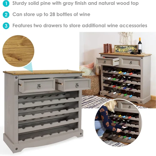 Miniatura 2 de Sunnydaze Mesa de estante de vino de pino macizo de 34.5 pulgadas de alto con 28 botellas, cuatro filas de 7 botellas, 2 cajones, tiradores de cajón