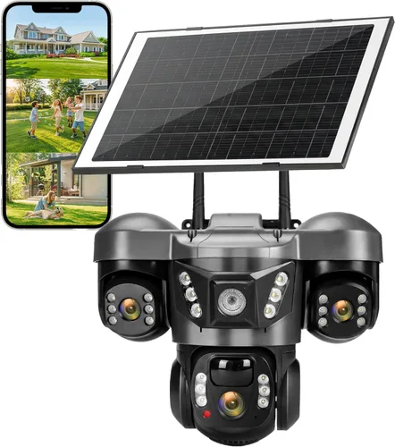 KEPEAK Solar Security Camera Outdoor Wireless, Triple Lens PTZ Camera, 360° Pan Tilt, Color Night Vision, PIR Motion Detection, Two-Way Audio,
