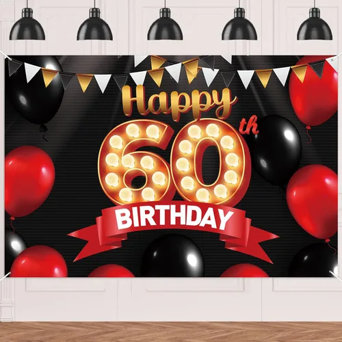 Miniatura 14 de FlagY-Bn-14 - Cartel de feliz cumpleaños número 14, decoración de pancarta negra, telón de fondo dorado, globos rojos y negros, decoración temática