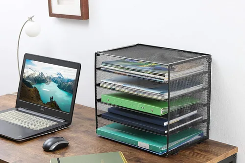 Miniatura 3 de Organizador de archivos de escritorio, clasificador de malla de alambre de escritorio con 5 compartimentos y 4 bandejas retráctiles para correo