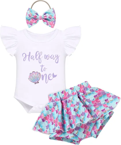 Miniatura 12 de IMEKIS Traje de 1er cumpleaños para bebé niña con estampado de girasol y durazno + pantalones cortos con volantes + diadema para sesión de fotos