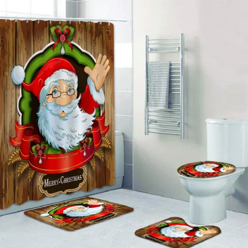 Miniatura 16 de Juego de 4 cortinas de ducha con alfombra antideslizante, cubierta para tapa de inodoro y tapete de baño, cortina de ducha de Papá Noel con 12
