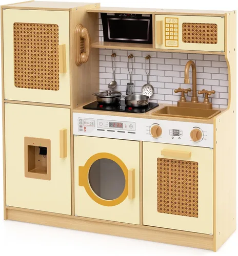Miniatura 9 de Costzon Juego de cocina para niños, juguete Montessori de madera para niños pequeños de juego de simulación con puerta de ratán, luz y sonido, Ratán