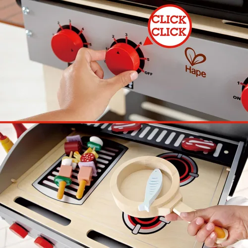 Miniatura 4 de Hape, Parrilla para barbacoa de juguete con set de comida de juguete para cocinar brochetas de madera con accesorios