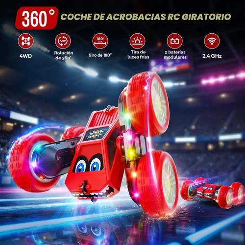 Miniatura 2 de WayEee Coche de control remoto, 360° voltea RC Stunt Car con tiras de luces LED, batería modular de carga tipo C, 2.4 GHZ de doble cara de alta Rojo