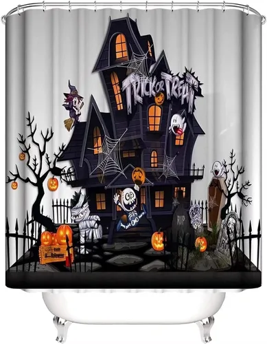 Miniatura 2 de NBVKO Cortina de ducha impermeable de calabaza de Halloween, con alfombras antideslizantes, cubierta para la tapa del inodoro y tapete de baño, set