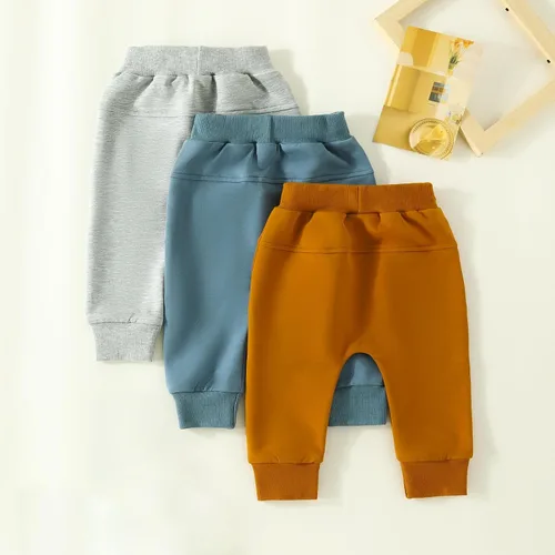 Miniatura 3 de Pantalones de otoño para bebé, paquete de 3 unidades, pantalones deportivos casuales de color sólido, con bolsillo y cintura elástica, pantalones