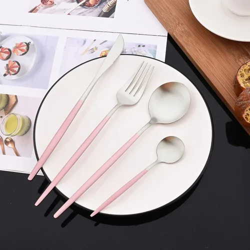 Miniatura 3 de JASHII Juego de 40 cubiertos de color rosa mate y plateado, juego de cubiertos de acero inoxidable para 8, incluye cucharadas de tenedor para Rosa