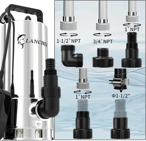 Miniatura 11 de LANCHEZ Bomba de sumidero de 1.6 HP 6000 GPH, bomba de agua sumergible de alto flujo de acero inoxidable con interruptor de flotador, bomba de agua