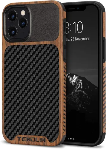 TENDLIN Funda compatible con iPhone 12 Pro Max de grano de madera con diseño de textura de fibra de carbono, funda híbrida de cuero negro