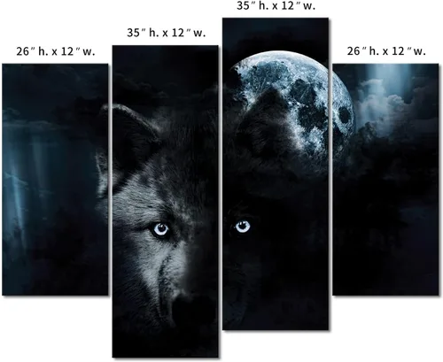 Miniatura 8 de Arte de pared de 4 paneles de lobo negro y luna llena, impresión sobre lienzo, imágenes de animales para decoración del hogar, pieza de regalo