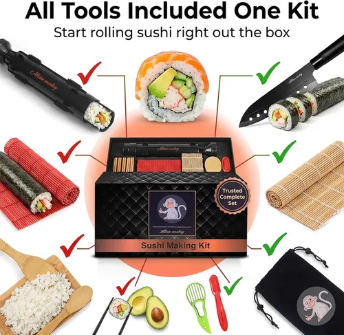 Miniatura 12 de Albino monkey Kit de fabricación de sushi con cuchillo Pro Sashimi – Rollo de más de 10 tipos de sushi – Bazuca de sushi, bambú + alfombrillas aptas