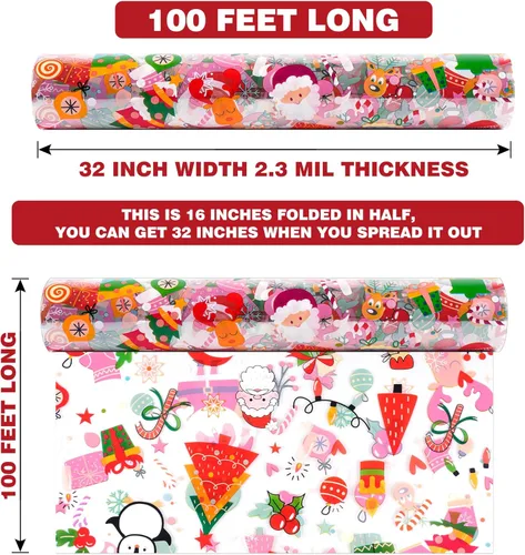 Miniatura 2 de Rollo de Envoltura de Celofán de Navidad de 100 Pies x 32 Pulgadas, Bolsas de Celofán de Navidad, Envoltura de Celofán de Navidad con Papá Noel