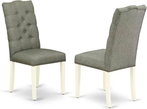 East West Furniture ELP2T07 Elsa Parson - Juego de 2 sillas de comedor con botones y ribete de cabeza de clavo, color gris lino blanco