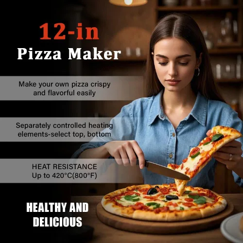 Miniatura 4 de Horno eléctrico de pizza de 12 pulgadas para interiores, portátil, máquina de pizza horneada con piedra calienta hasta 800˚F, control de temperatura